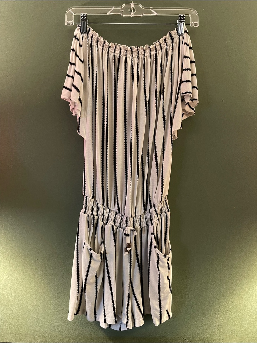 VENUS Beige and Black Striped Off-Shoulder Romper